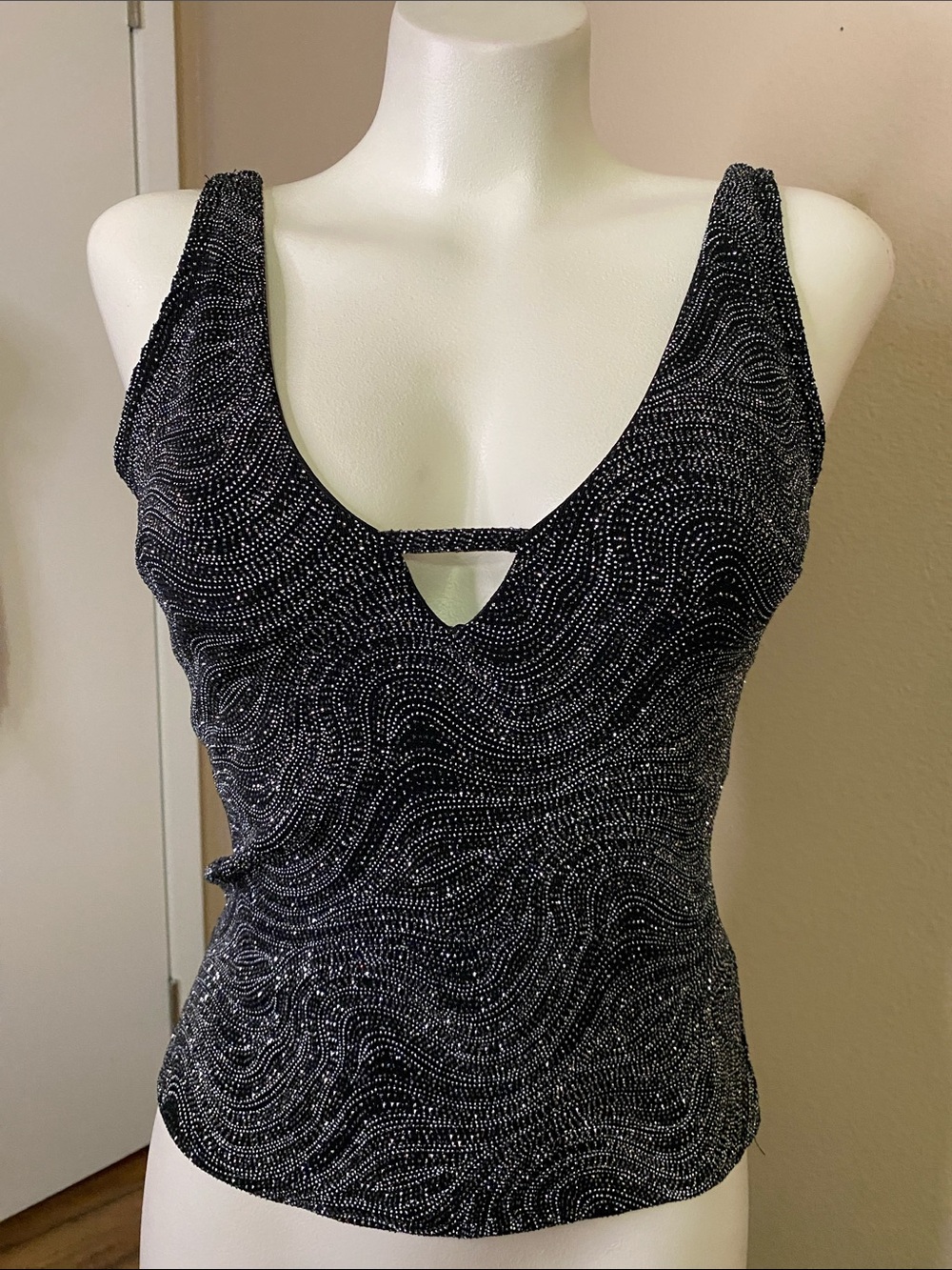H&M Black pewter silver Sparkle deep v club party Top S